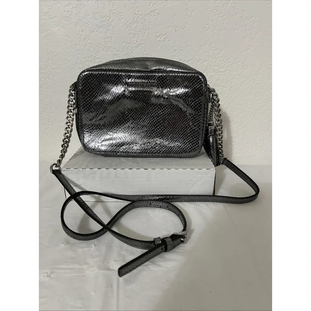 Michael Kors Metallic Silver Crossbody Bag Faux Reptile Tassel Accent 9.25 X 7